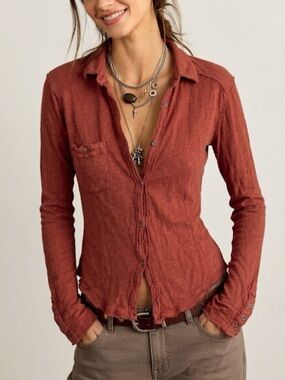 Free People We The Free Boho Raw Hem Linen Blend Shirt